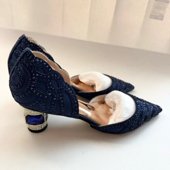 Size 7.5 XYD Women’s Satin Pumps Pointed Toe D'Orsay Crystal Heels Rhinestone - Picture 3 of 12